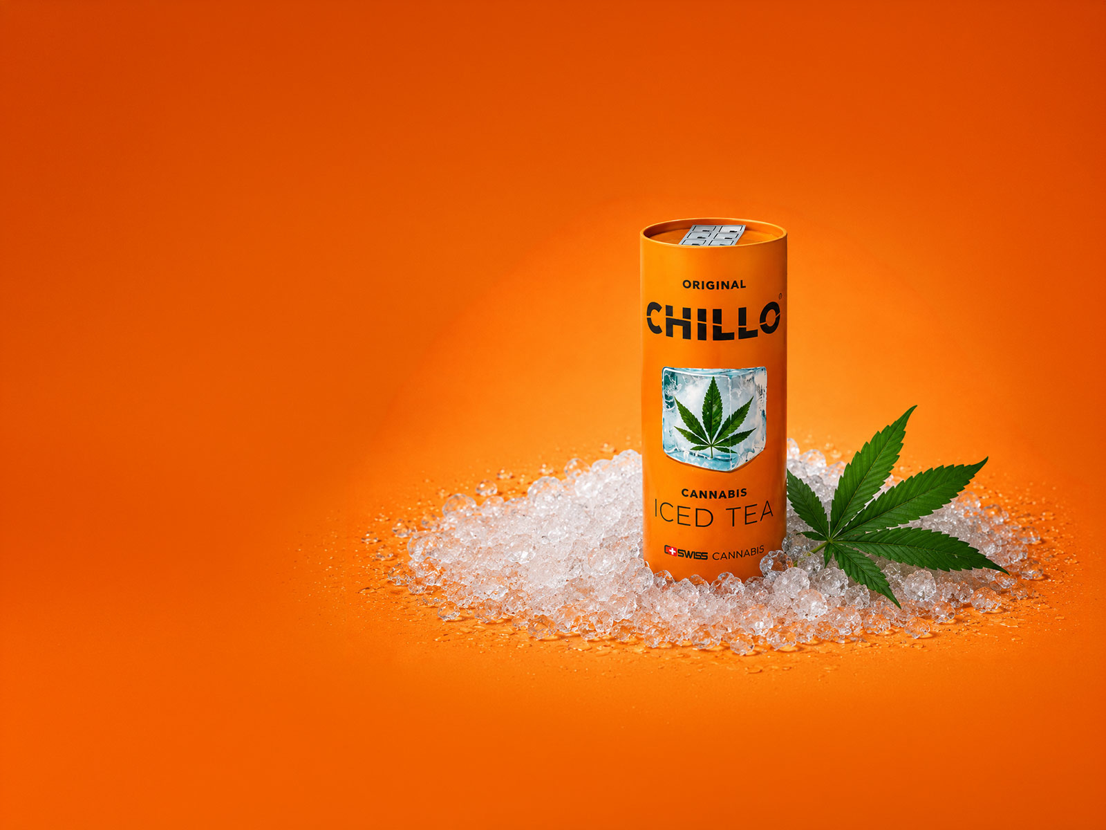 Chillo Cannabis Iced Tea on Crushed Ice with hemp leaf.